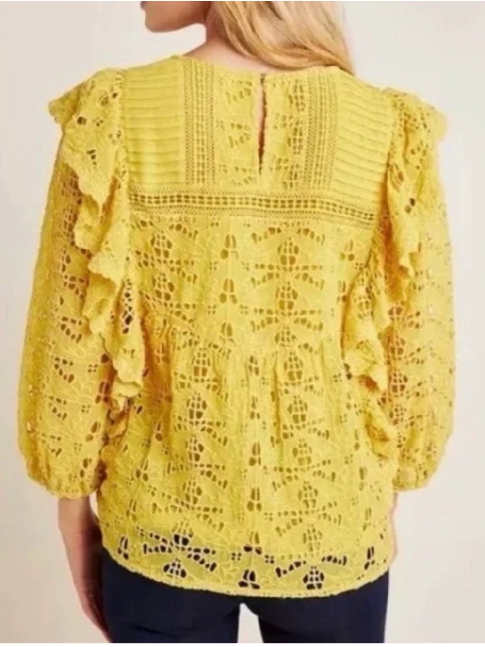 Anthropologie Yellow Eyelet Lace Ruffle Blouse Size 8 - Picture 2 of 7